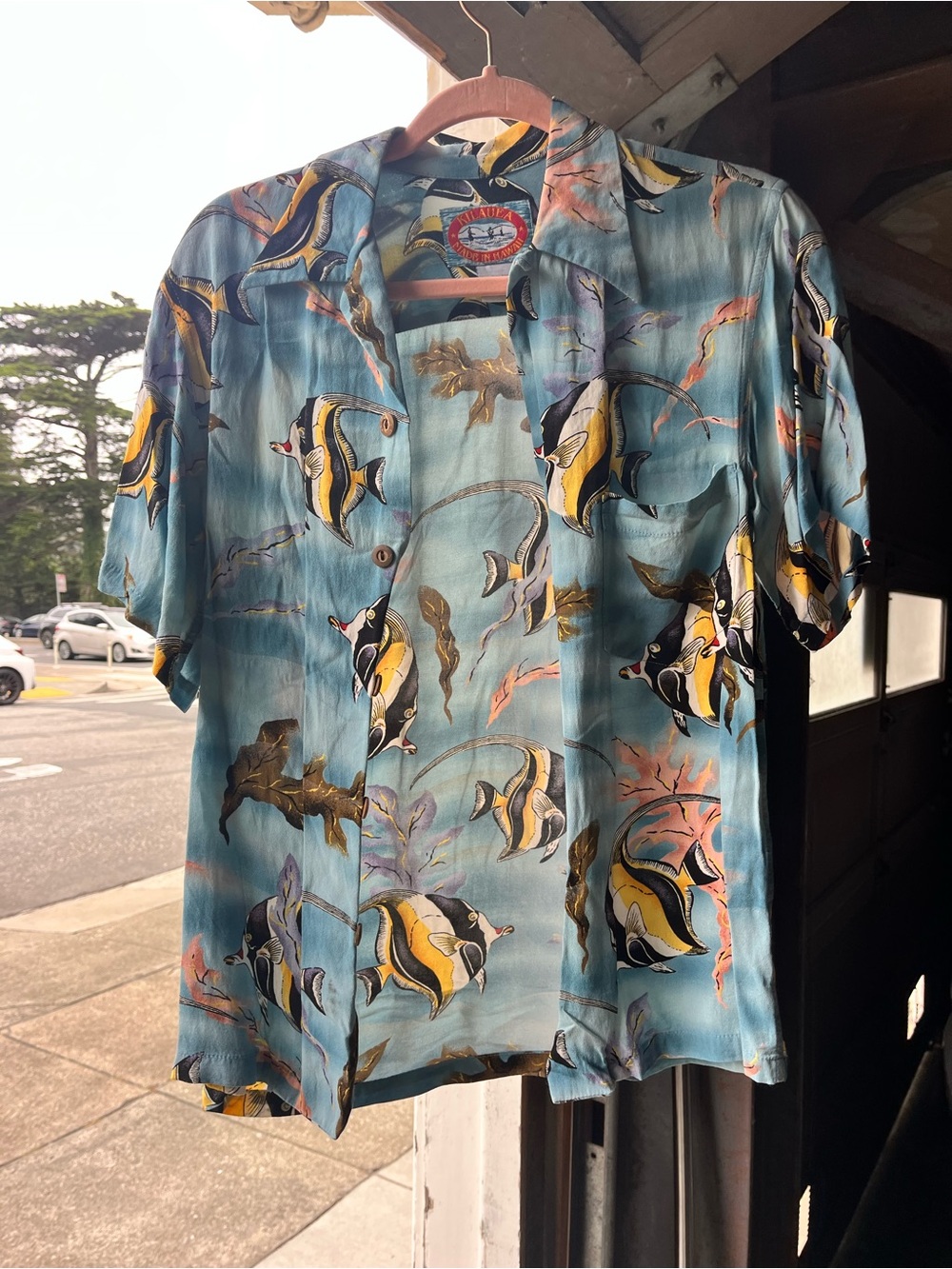 Vintage Tropical Fish Print Short Sleeve Shirt - Blue